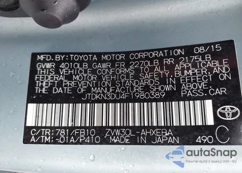 2015 Toyota Prius Three from USA, damaged, VIN JTDKN3DU4F1980389